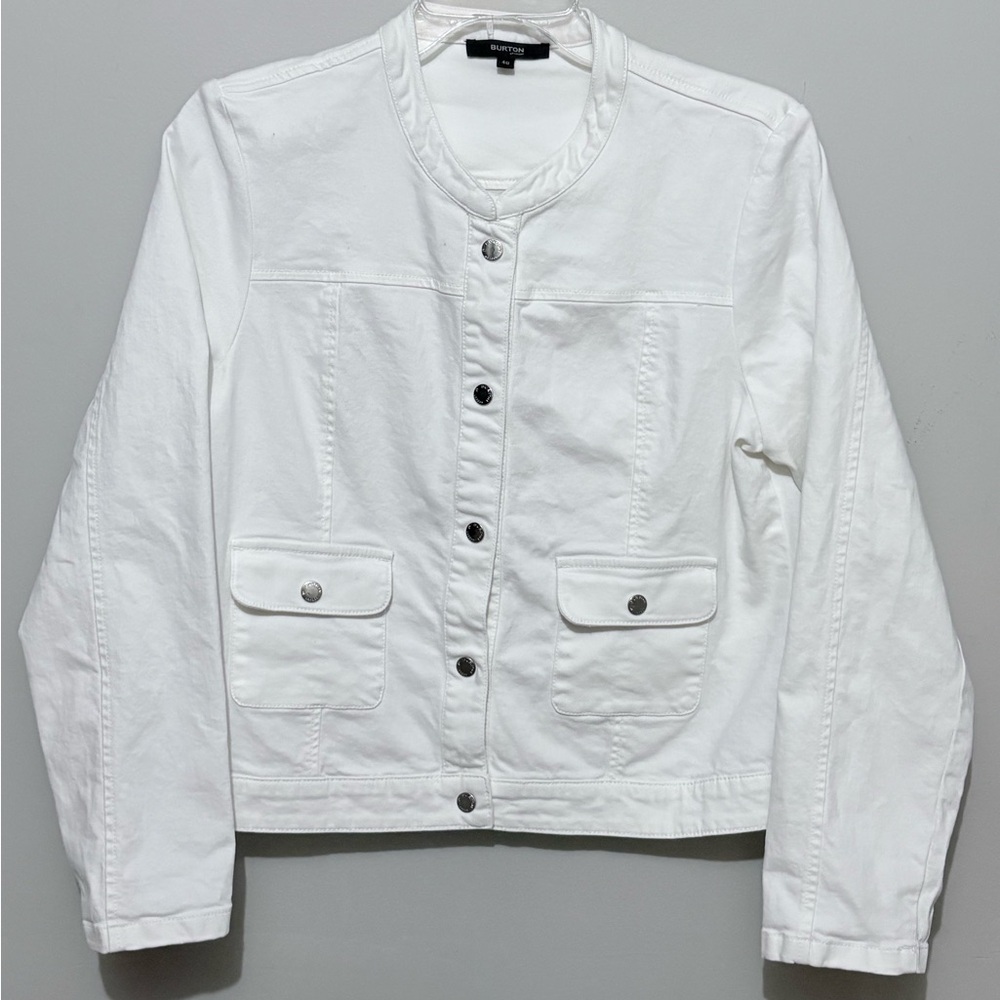Burton of London Womens White Denim Jacket‎ Collarless Button Front Size 40 US M